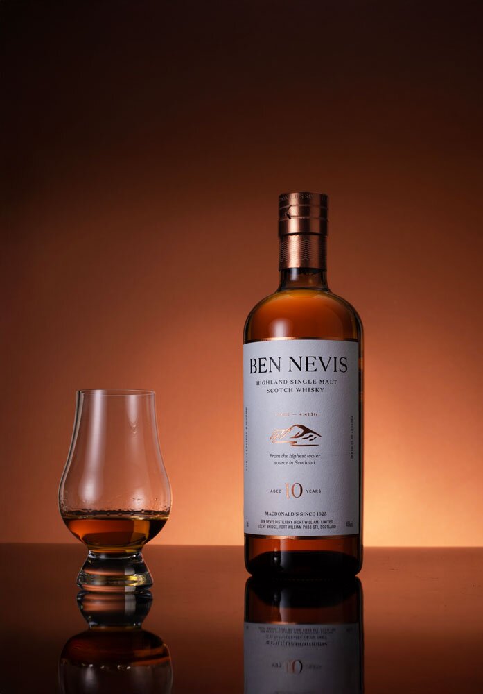 Ben Nevis 10 Year Old whisky bottle with Glencairn glass