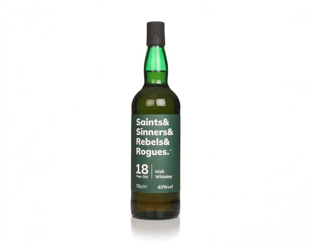 A bottle of Saints & Sinners & Rebels & Rogues 18 Year Old Whiskey.