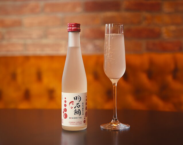 A bottle of Akashi-Tai Junmai Sparkling Sake.
