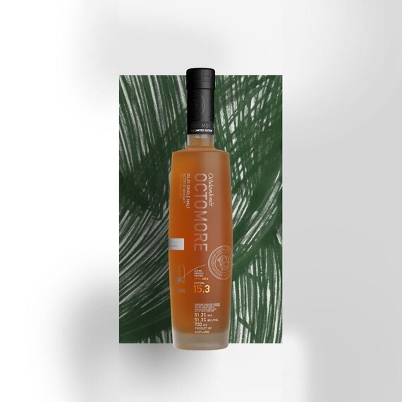 A bottle of Octomore 15.3 against a leafy background in the shape of a square.