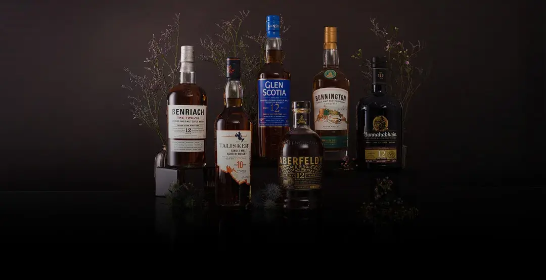 Six bottles of scotch whisky from; Benriach, Talisker,  Glen Scotia, Aberfeldy, Bonnington, and Bunnahabhain.