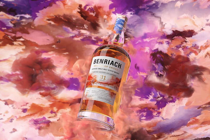 A bottle of Benriacah 31 year old shades of smoke on a pink and purple background. 