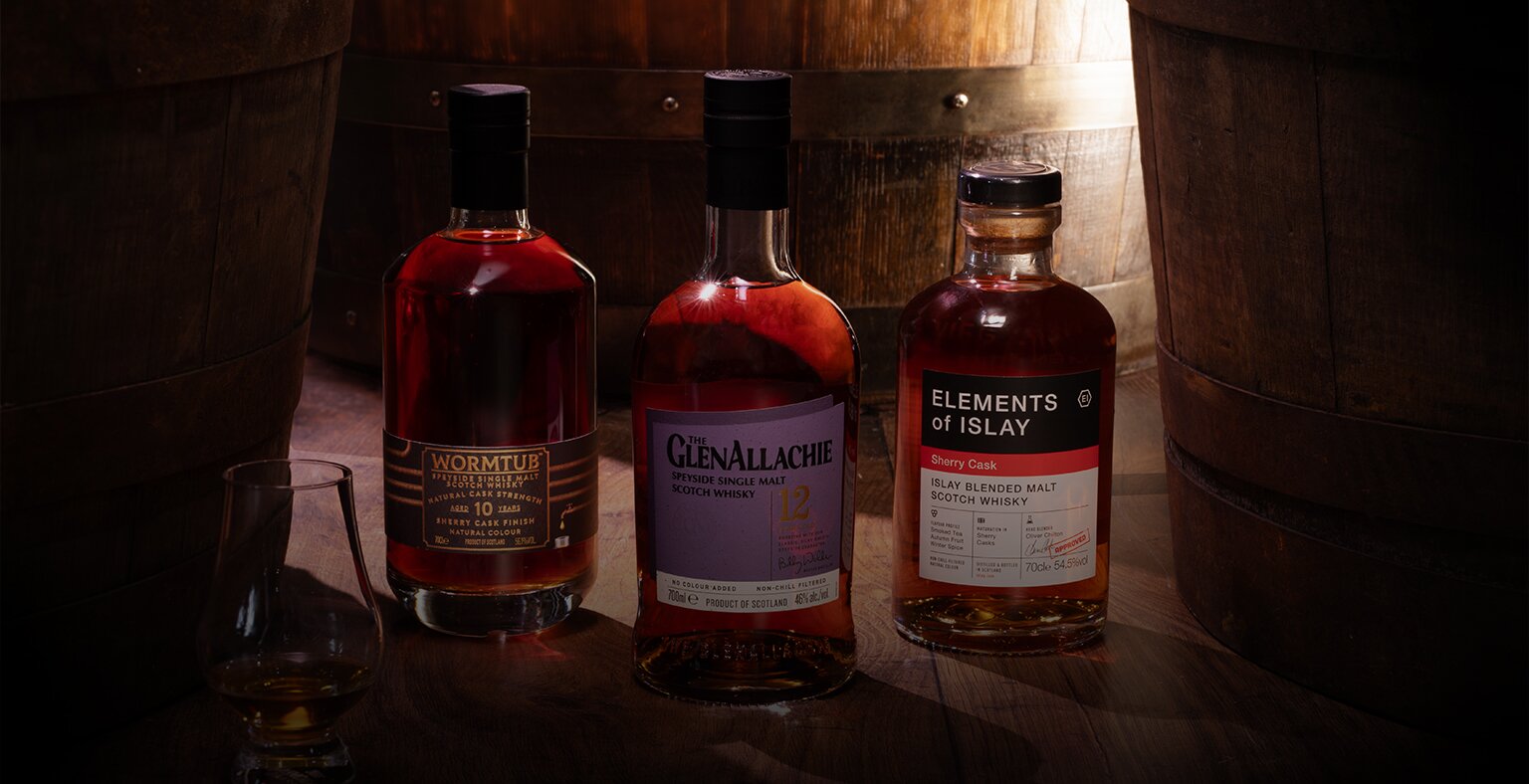 Bottles of Wormtub 10 YO Whisky, GlenAllachie 12 YO Whisky, and Elements of Islay Whisky.