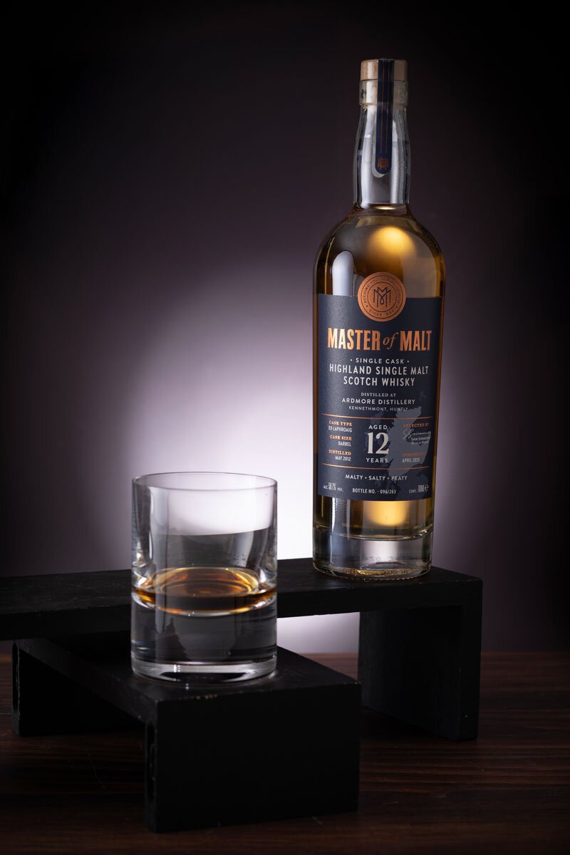 Ardmore Master of Malt Single Cask whisky bottle with glass