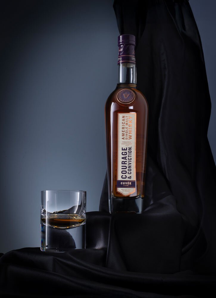 Virginia Courage & Conviction Cuvée Cask whisky bottle with glass
