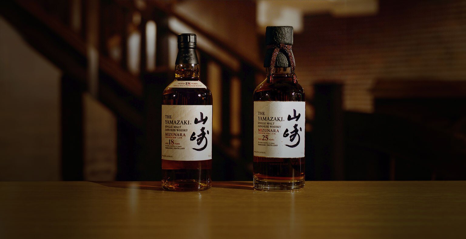 Bottles of Yamazaki 18 and 25 year old Mizunara Cask