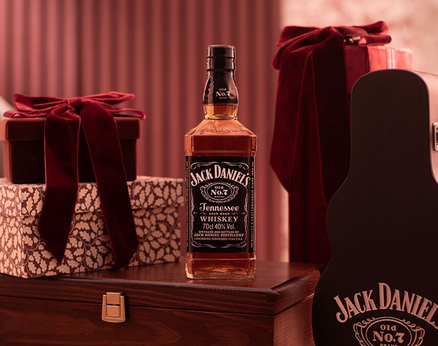 A bottle of Jack Daniel's Tennessee Whiskey Guitar Case Gift Pack