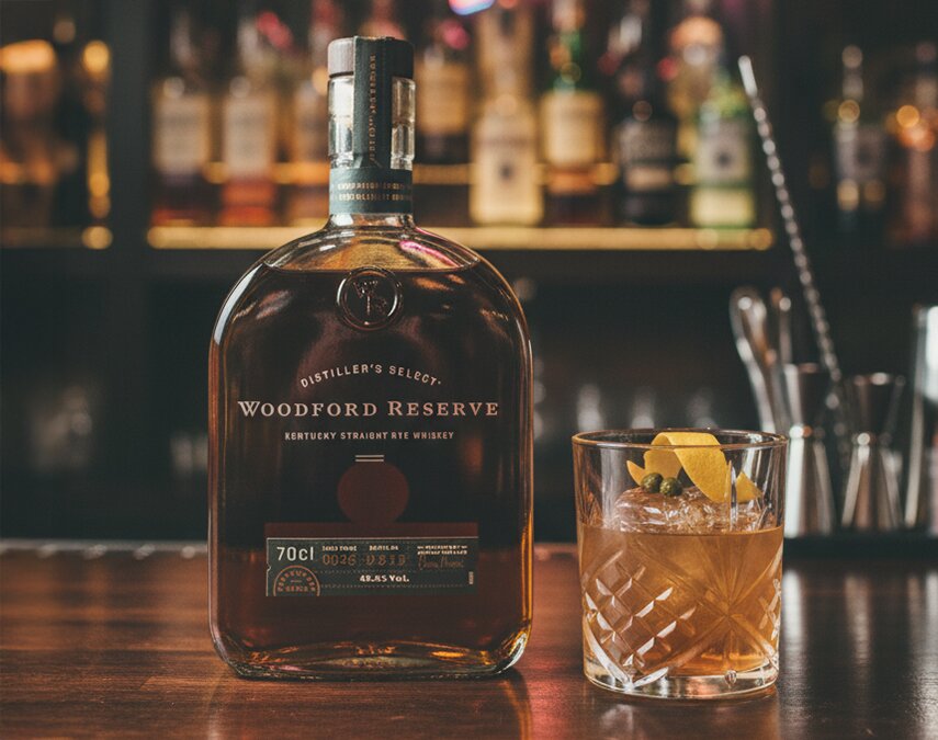 A bottle of Woodford Reserve 
Kentucky Straight Rye and old fashioned cocktail
