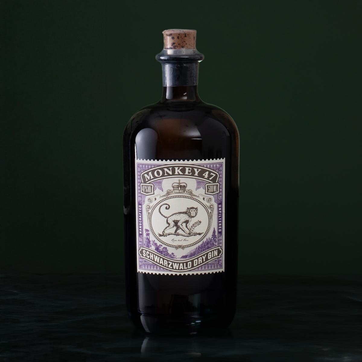 A bottle of Monkey 47 Dry Gin