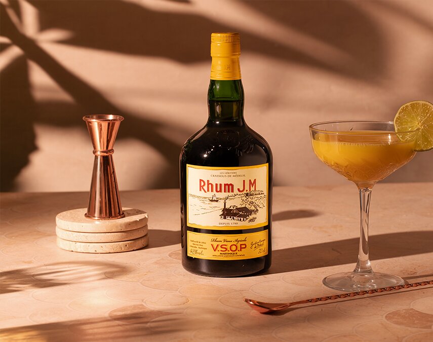 A bottle of Rhum J.M VSOP.