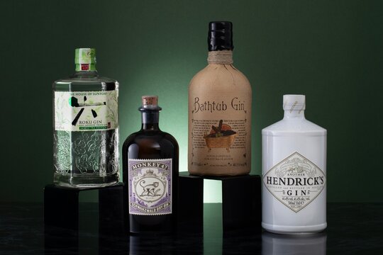 Four bottles of gin including Bathtub Gin, Hendrick's, Monkey 47 and Roku