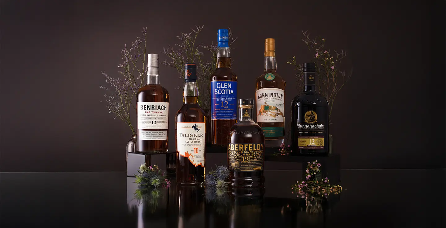 Six bottles of scotch whisky from; Benriach, Talisker,  Glen Scotia, Aberfeldy, Bonnington, and Bunnahabhain.