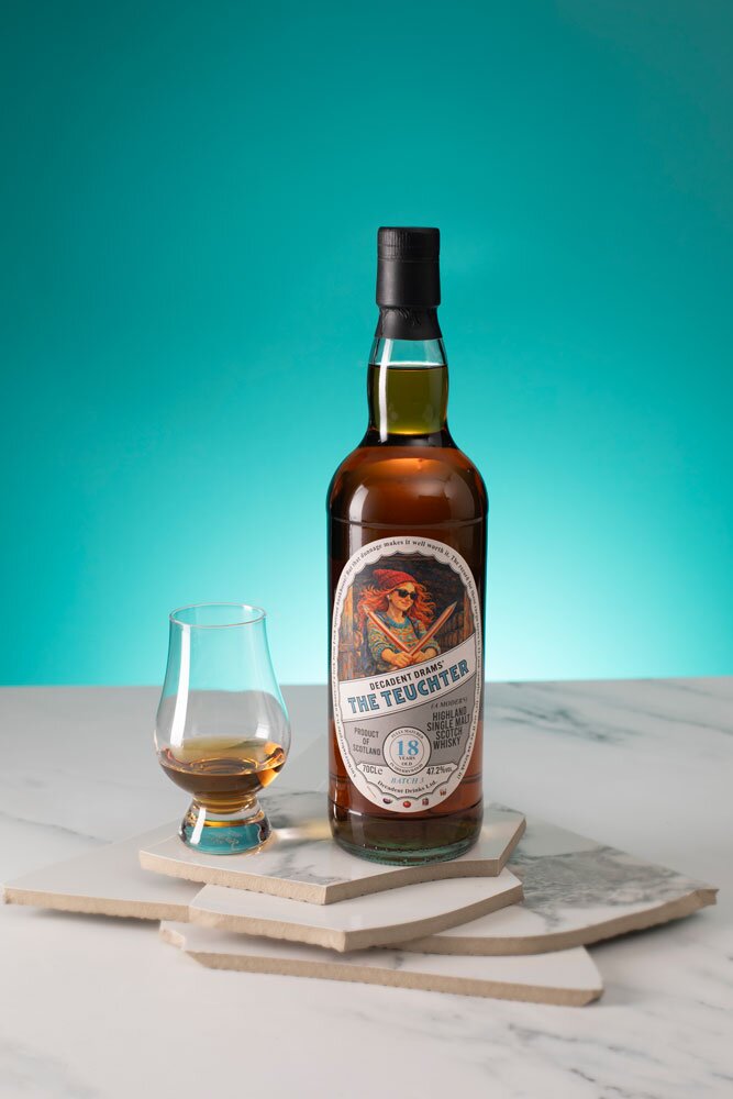 The Teuchter 18 Year Old Batch 3 - Decadent Drams whisky bottle with tasting glass