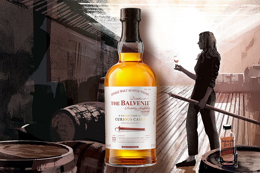A bottle of Balvenie whisky in front of an illustration of a distillery.