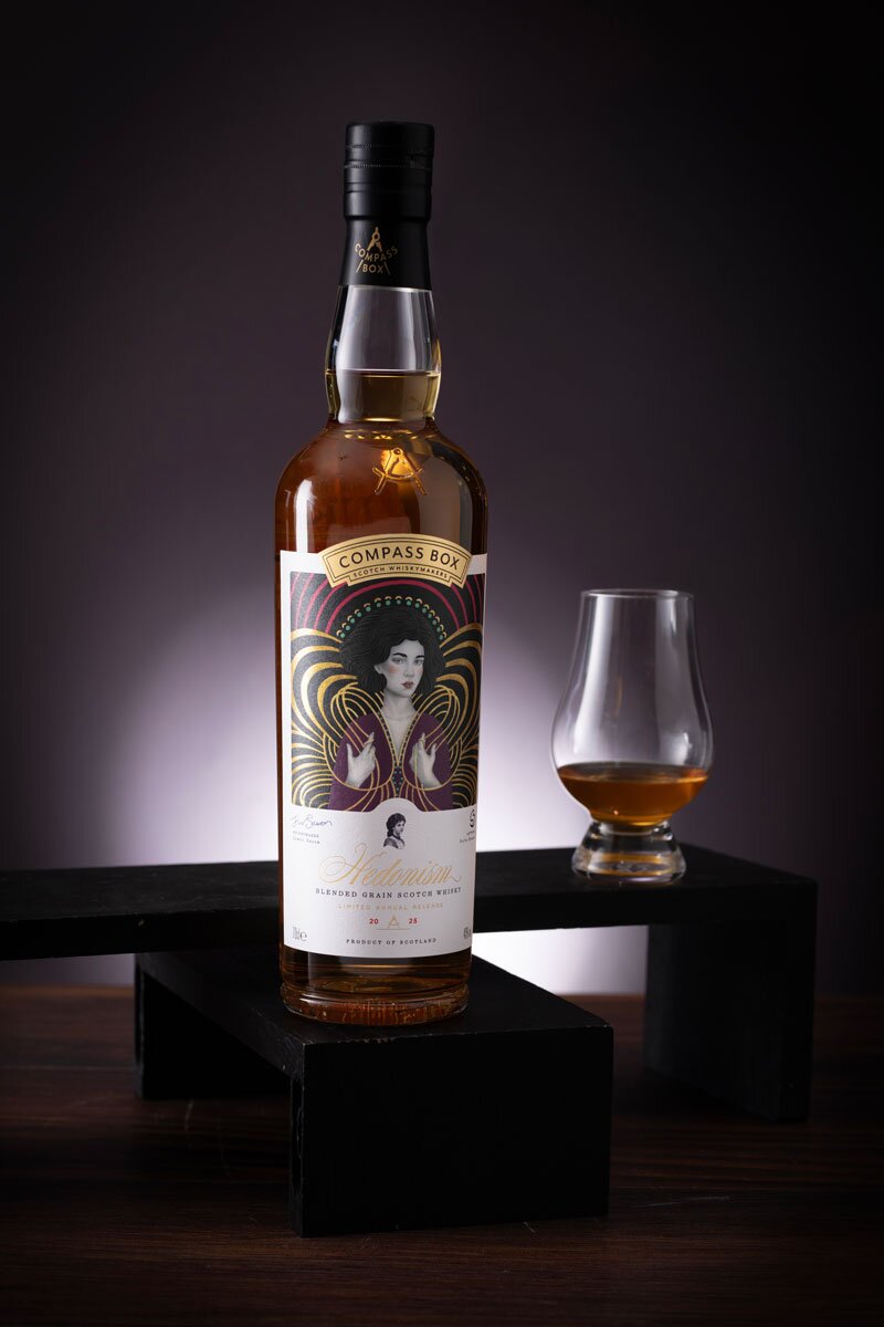 Compass Box Hedonism 2025 whisky bottle and glencairn tasting glass