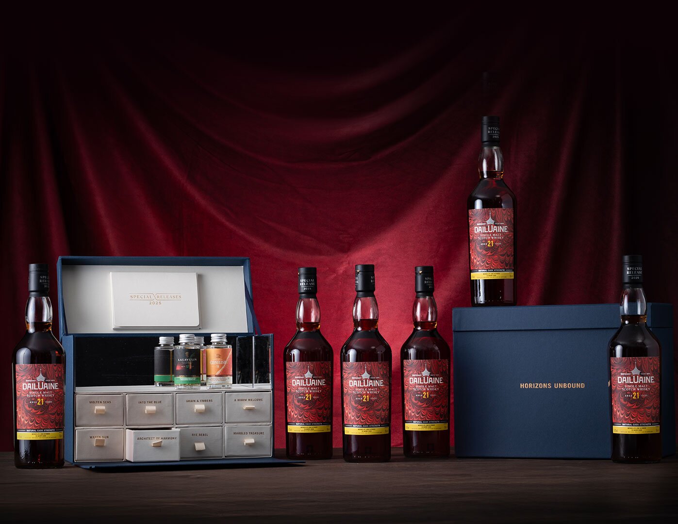 All the prizes up for grabs in this competition. two limited edition miniature tasting sets and six bottles of Dailuaine 21 Year Old (Special Release 2025).