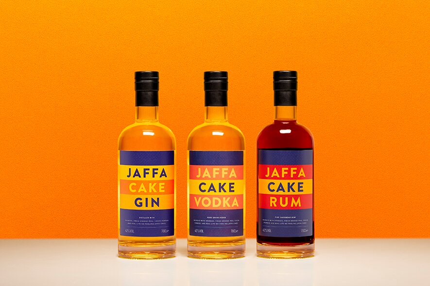 Bottles of Jaffa Cake Gin, Jaffa Cake Vodka, and Jaffa Cake Rum.