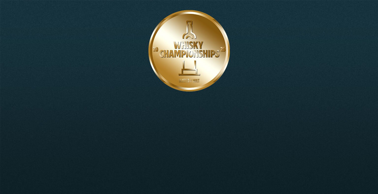 A dark blue background with a golden Whgisky Champtionships medal in the centre