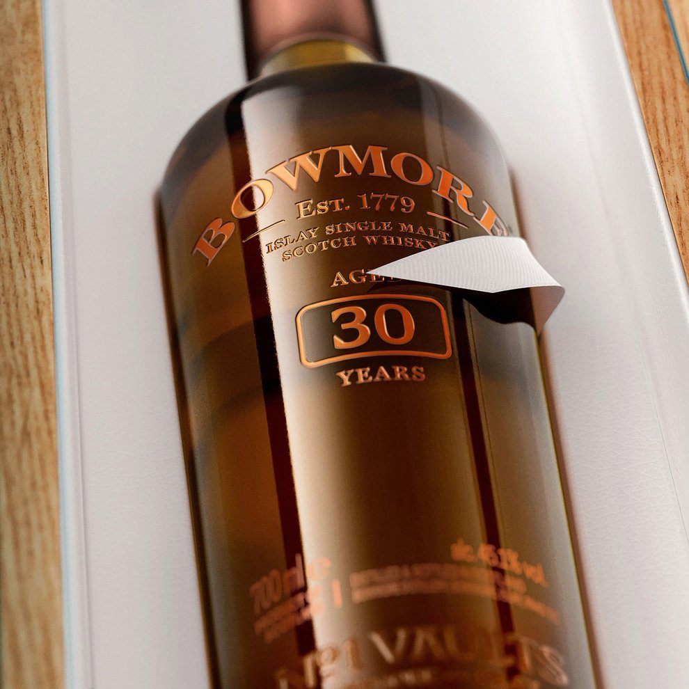 Close-up of bottle of Bowmore 30 year old whisky bottle inside box