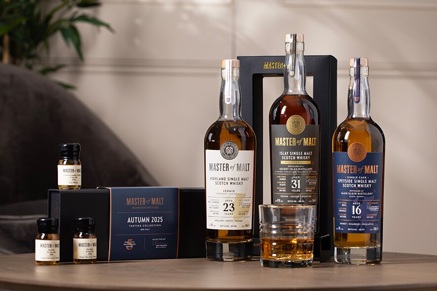 Three Master of Malt bottles and a whisky tasting set