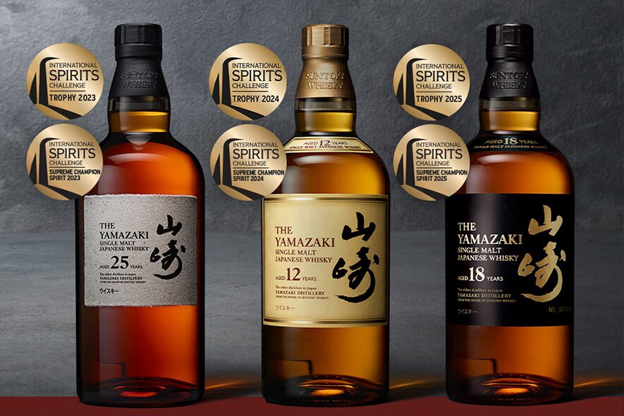 A bottle of Yamazaki 12 Year Old, Yamazaki 25 Year Old, and Yamazaki Distiller’s Reserve.