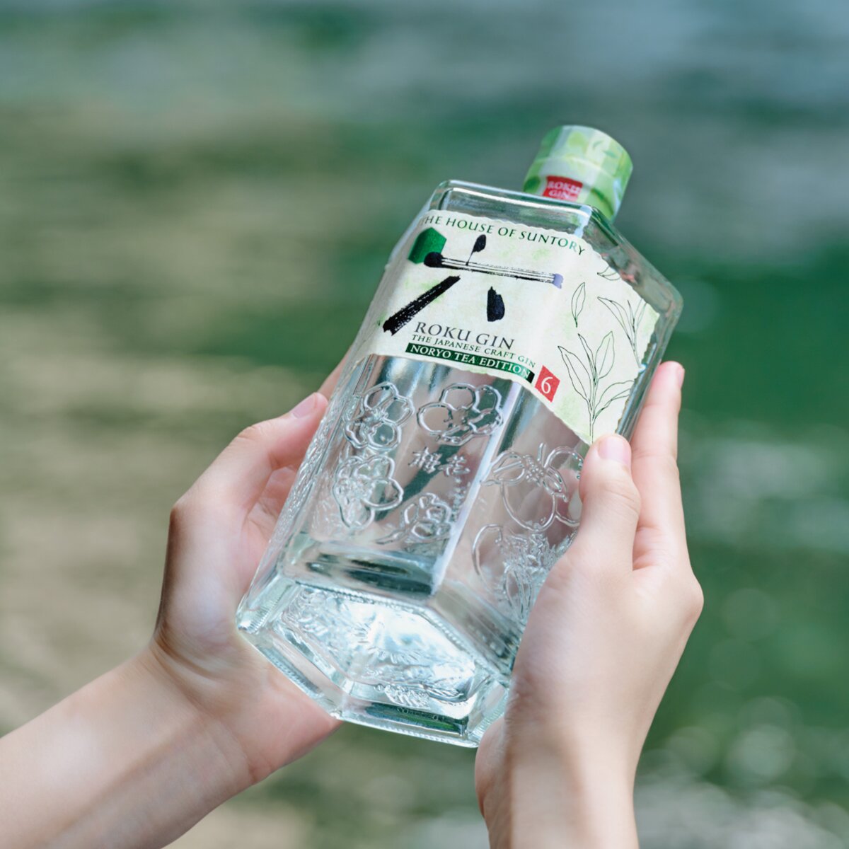 A bottle of Roku Noryo Tea against a watery background.