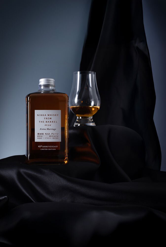 Nikka From The Barrel Extra Marriage whisky bottle with tasting glass