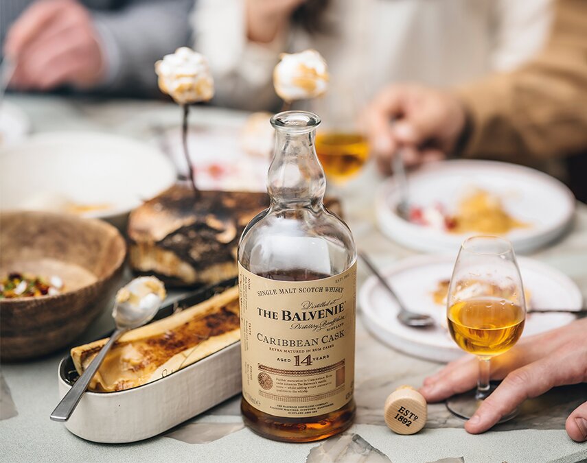 A bottle of Balvenie 14 Year Old Caribbean Cask.