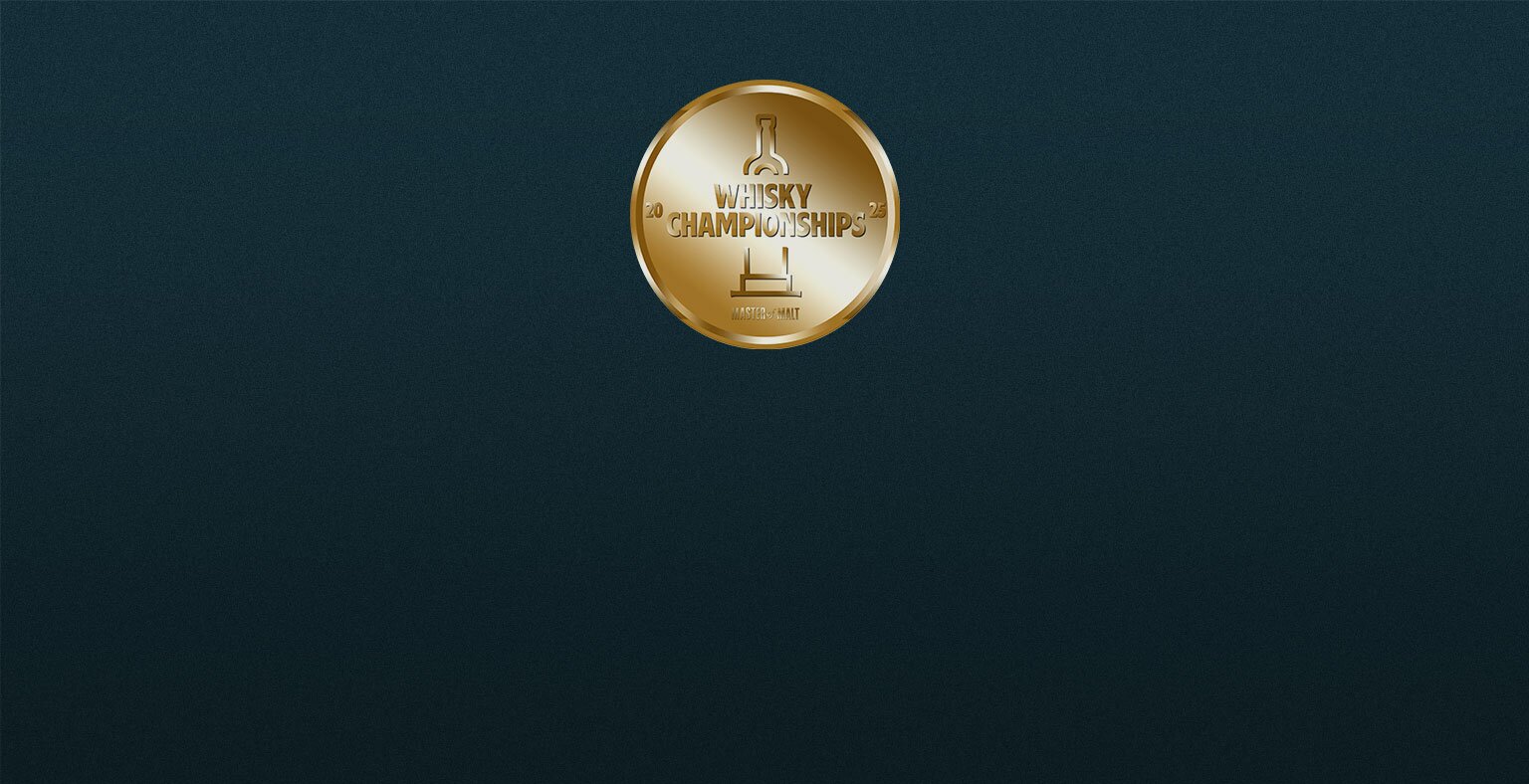 A dark blue background with a golden Whgisky Champtionships medal in the centre