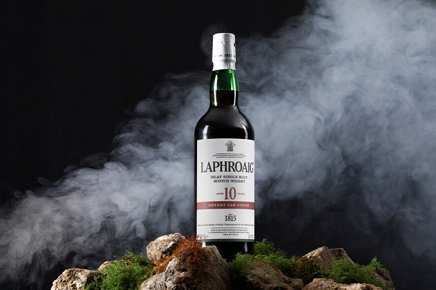 A bottle of Laphroaig 10 Year Old Sherry Cask.