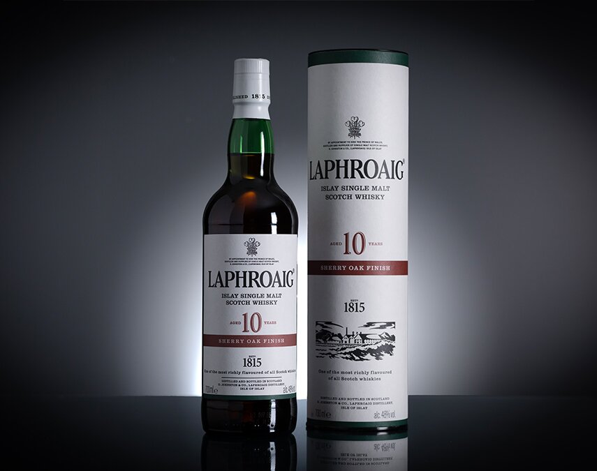 A bottle of Laphroaig 10 Year Old Sherry Cask.