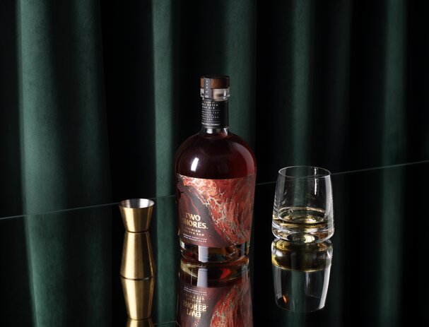 A bottle of Two Shores Rum