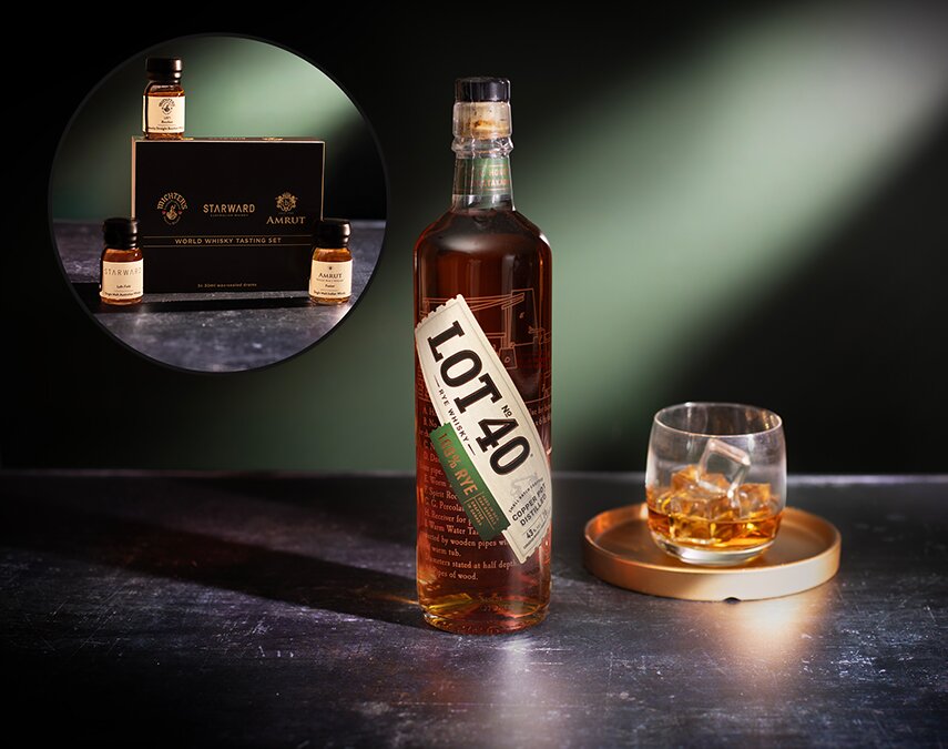 A bottle of Lot 40 Rye Whisky.