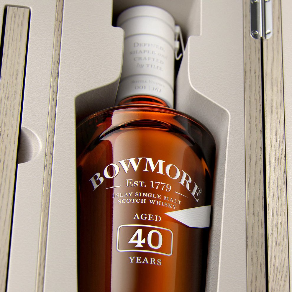 Close-up of Bowmore 40 year old whisky bottle inside box
