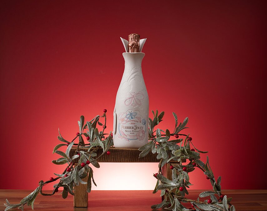 A bottle of Perrier-Jouët Belle Epoque 2014 Rosé Cocoon Formafantasma Gift Pack