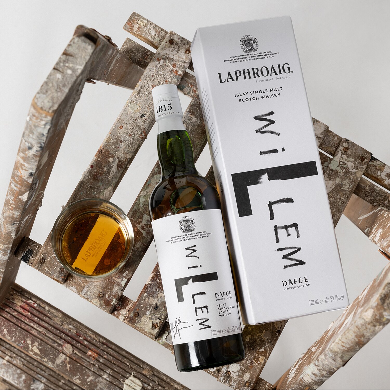 A bottle of Laphroaig Willem Dafoe