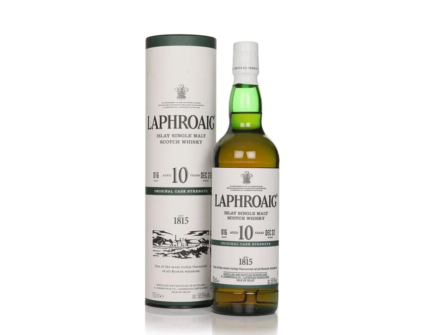 A bottle of Laphroaig 10 Year Old Cask Strength - Batch 016