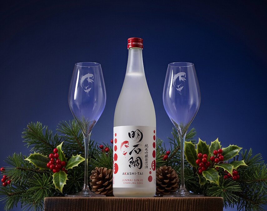 A bottle of Akashi-Tai Junmai Ginjo Sparkling Sake