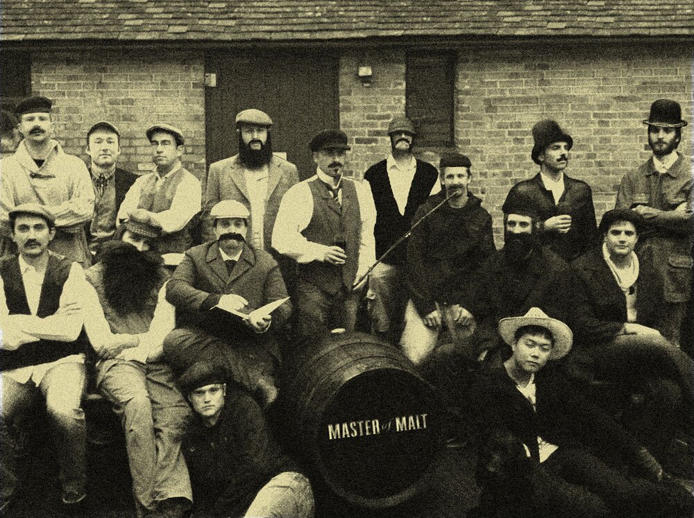 black and white Master of Malt recreation of 19th centruy Glenfarclas staff photo
