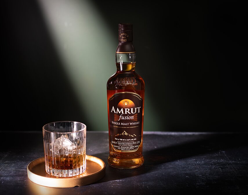 A bottle of Amrut Fusion.