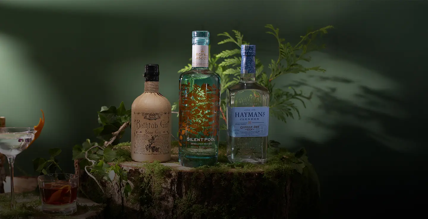 Bottles of Bathtub Gin, Silent Pool GIn and Haymans Gin.