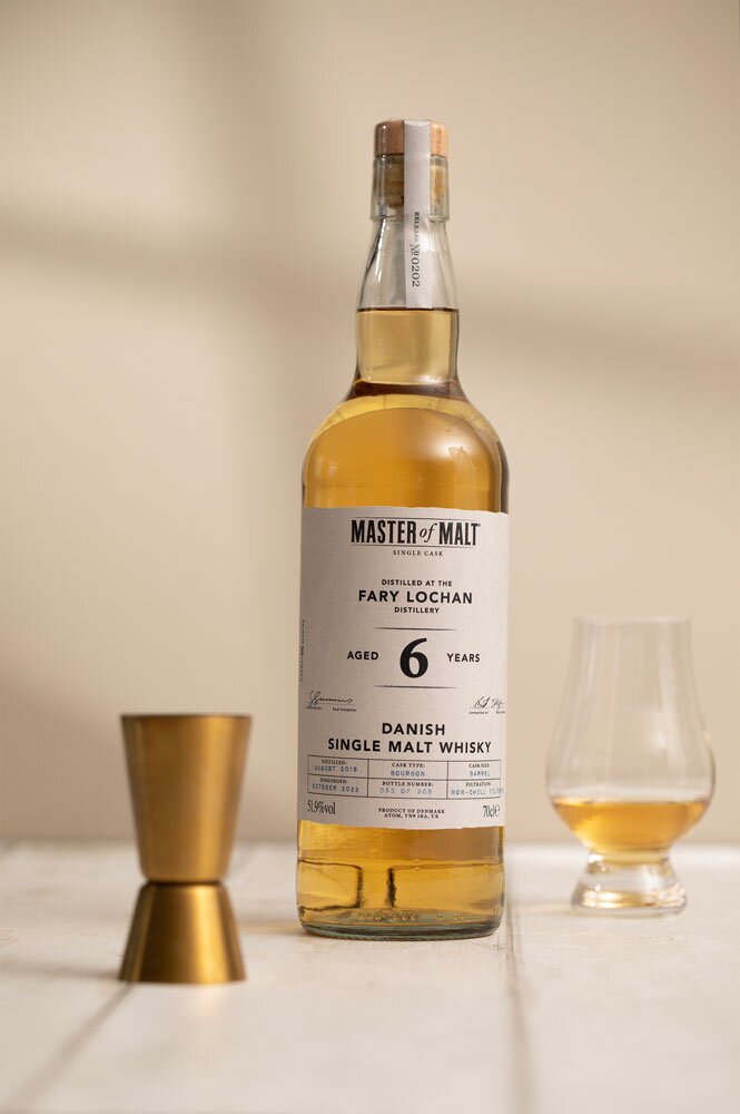 Fary Lochan 6 Year Old 2016 Single Cask (Master of Malt) whisky bottle with Glencairn glass and jigger
