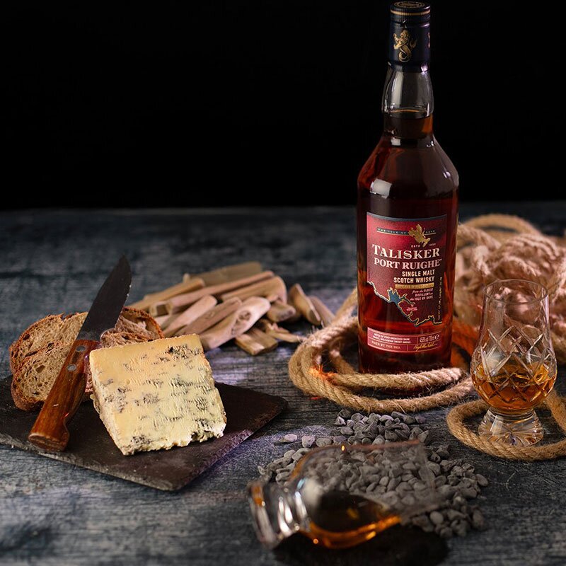 A bottle of Talisker Port Ruighe with Stilton and sourdough
