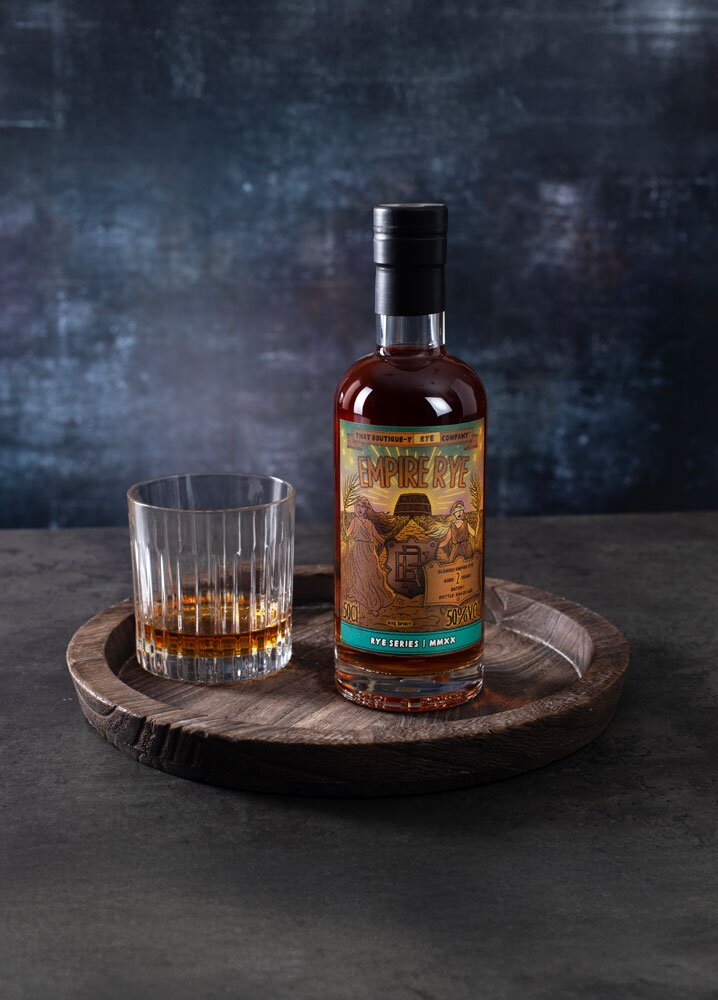 Empire Rye 2 Year Old (That Boutique-y Rye Company) bottle with tumbler glass