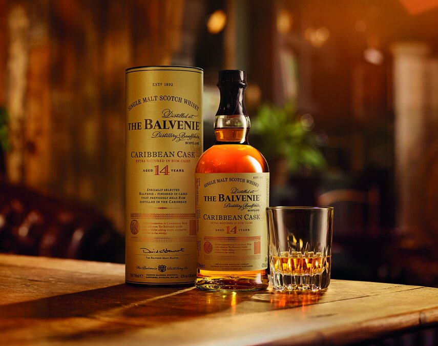 A bottle of Balvenie 14 Year Old Caribbean Cask.