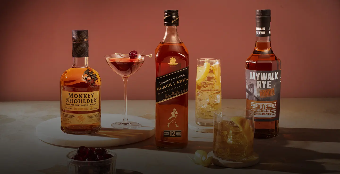Bottles of Johnnie Walker Black Label, Jaywalk and Monkey Shoulder.