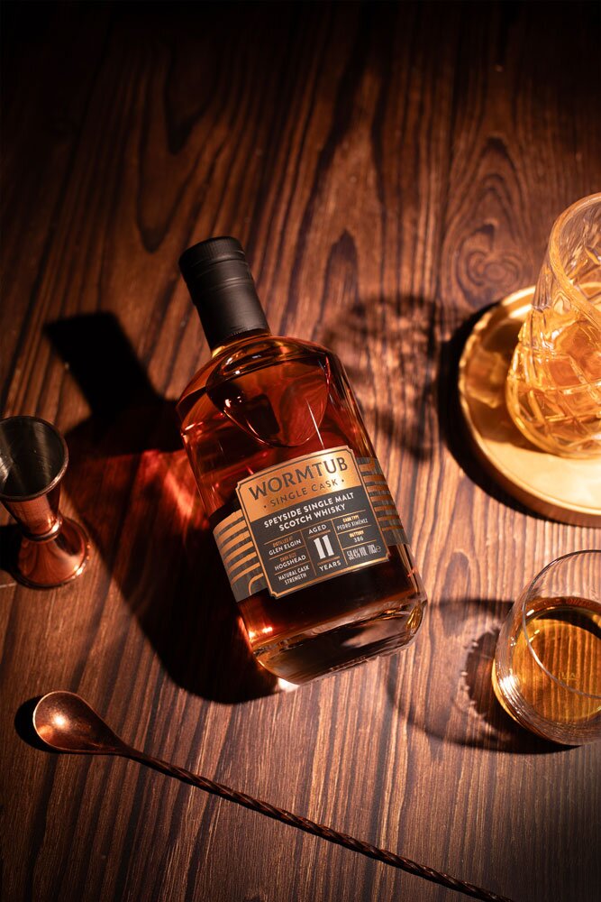 Glen Elgin 11yo Wormtub Single Cask whisky bottle with glass and barware