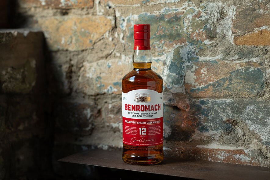 A bottle of Benromach 12 whisky.