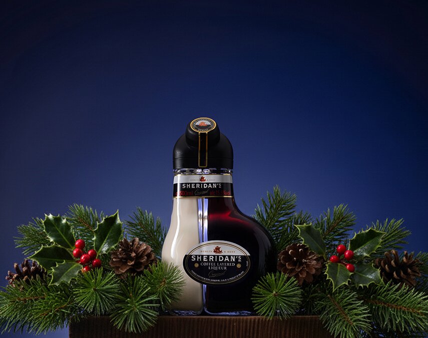 A bottle of Sheridan's Layered Coffee Liqueur