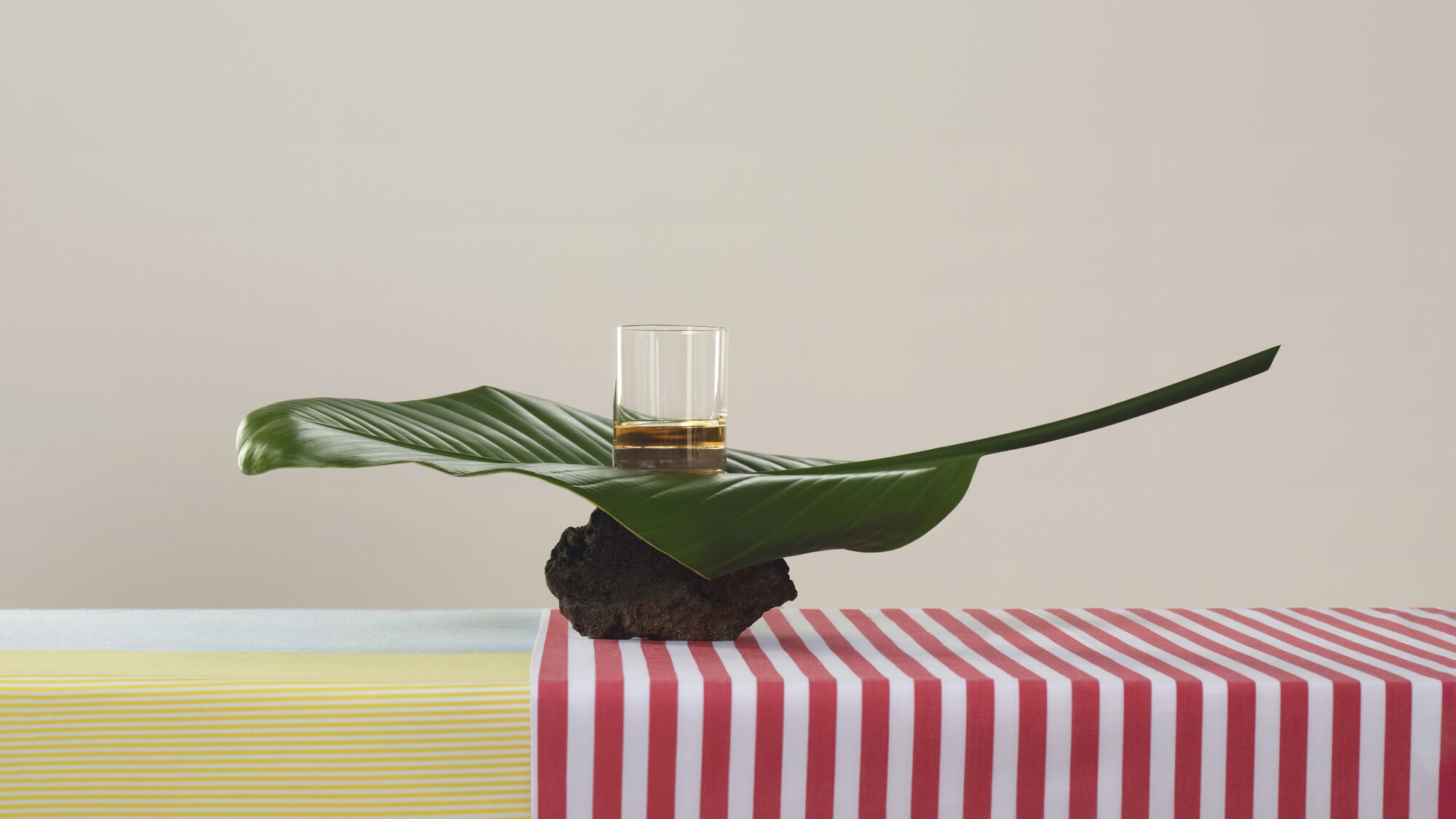 A glass of whisky balancing on a leaf and a rock. 